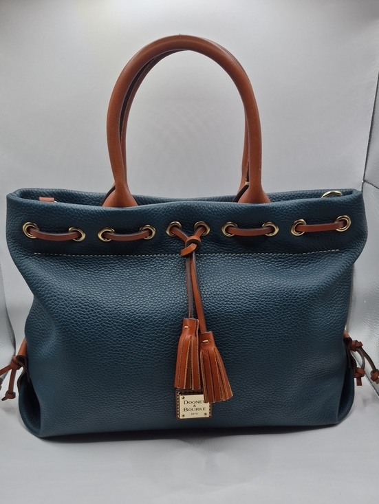 Dooney & Bourke Handbags - Dooney & Bourke Deep TEAL Pebble Leather Drawstring Satchel PURSE with Tan Trim